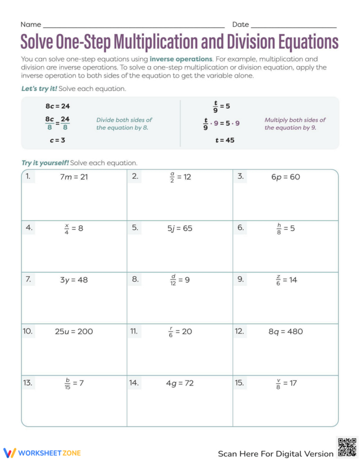One-Step Equations Multiplication and Division Worksheet One-Step Equations Multiplication and Division Worksheet