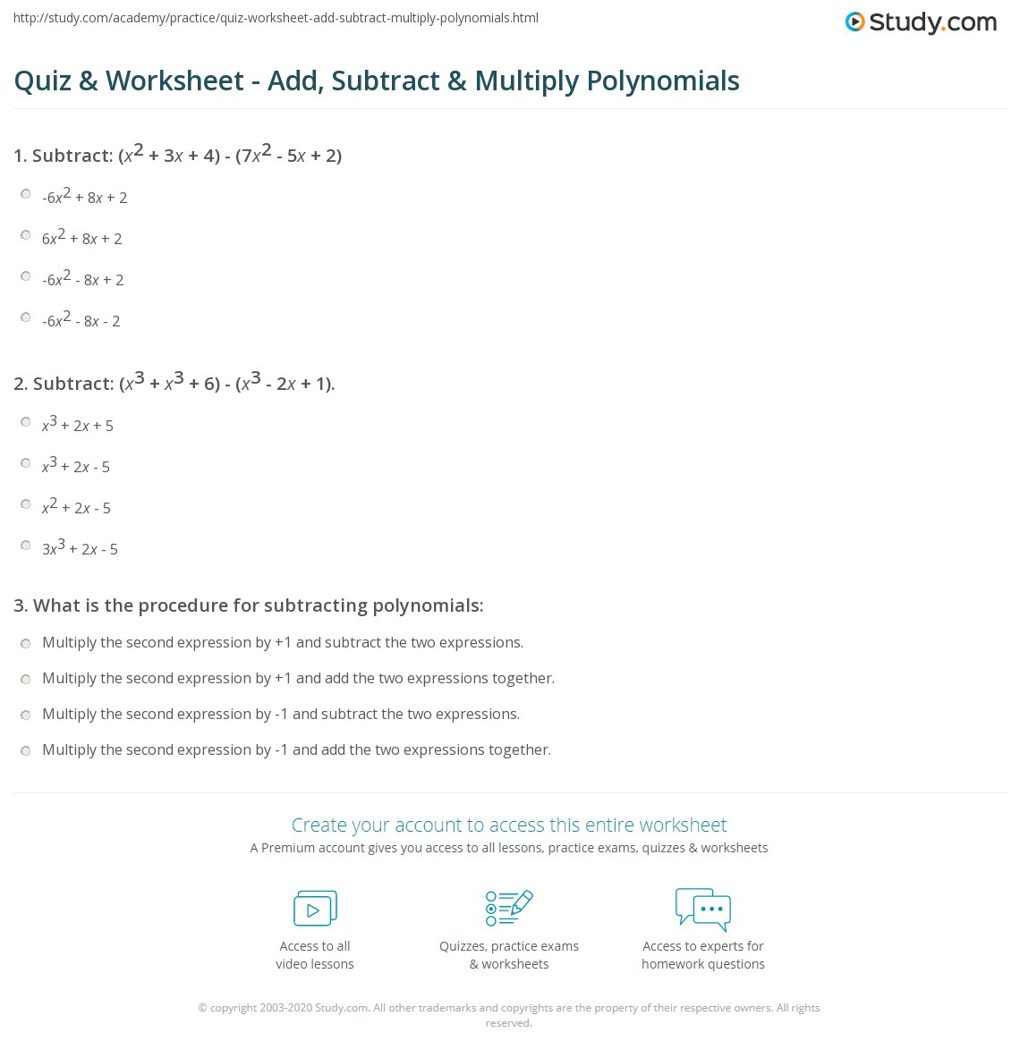 Quiz &amp;amp; Worksheet - Add, Subtract &amp;amp; Multiply Polynomials | Study for Polynomial Addition Subtraction and Multiplication Worksheet