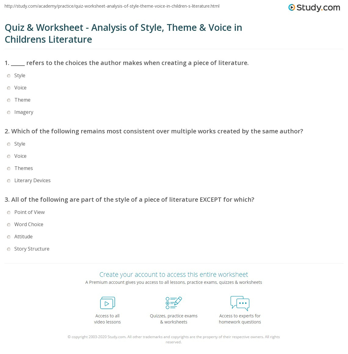 Quiz &amp;amp; Worksheet - Analysis Of Style, Theme &amp;amp; Voice In Children S with regard to Theme Worksheets Multiple Choice
