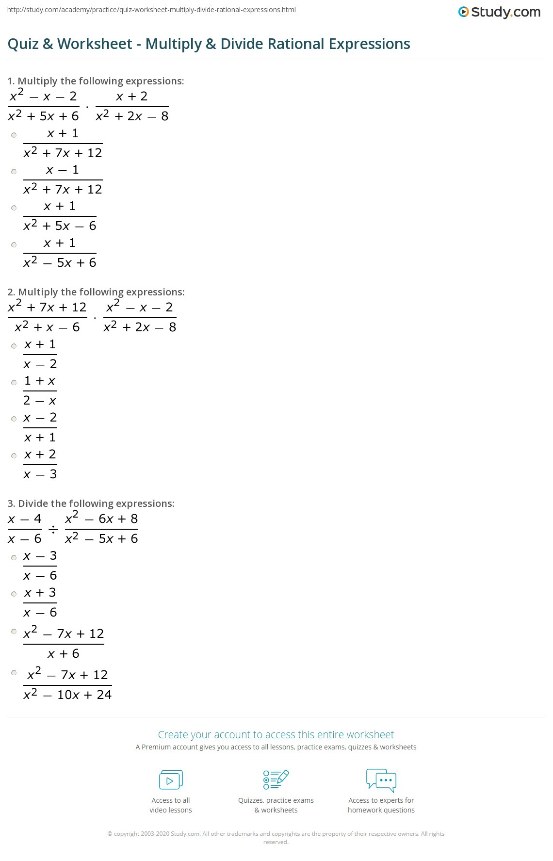 Quiz &amp;amp; Worksheet - Multiply &amp;amp; Divide Rational Expressions | Study throughout Multiplication of Rational Expressions Worksheet