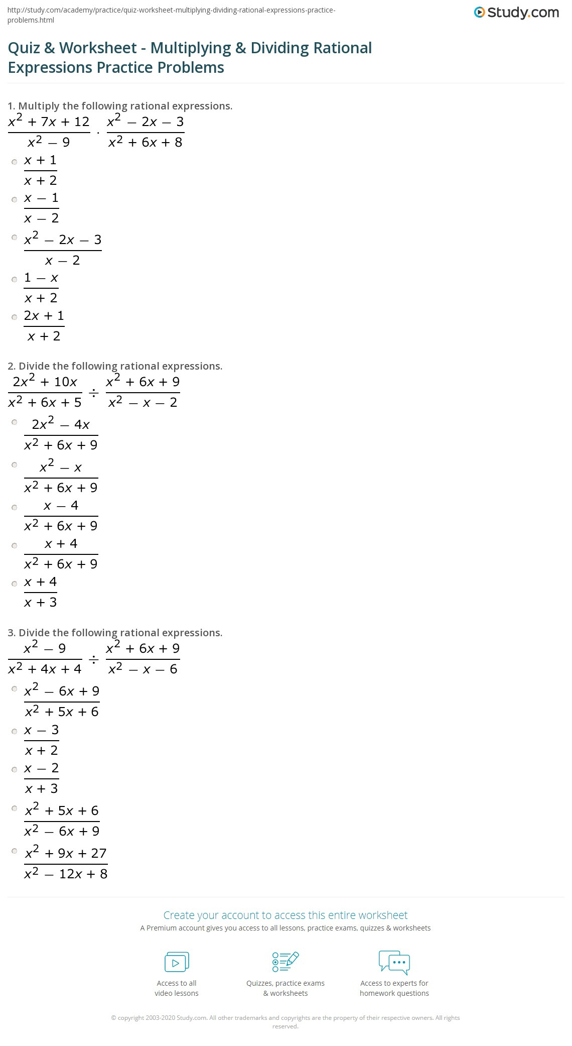 Quiz &amp;amp; Worksheet - Multiplying &amp;amp; Dividing Rational Expressions with Multiplication And Division Of Rational Expressions Worksheet