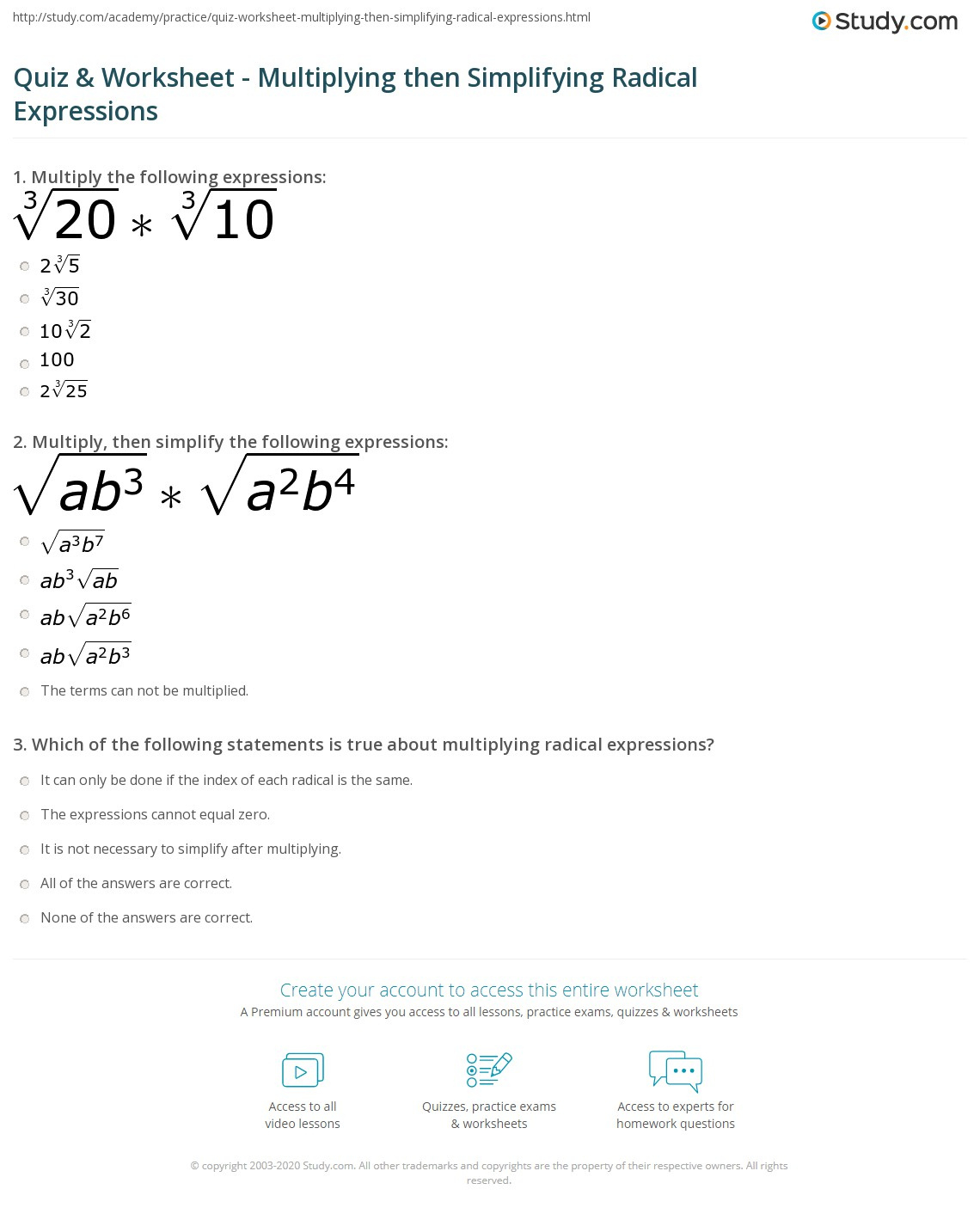Quiz &amp;amp; Worksheet - Multiplying Then Simplifying Radical in Multiplication Of Radical Expressions Worksheet