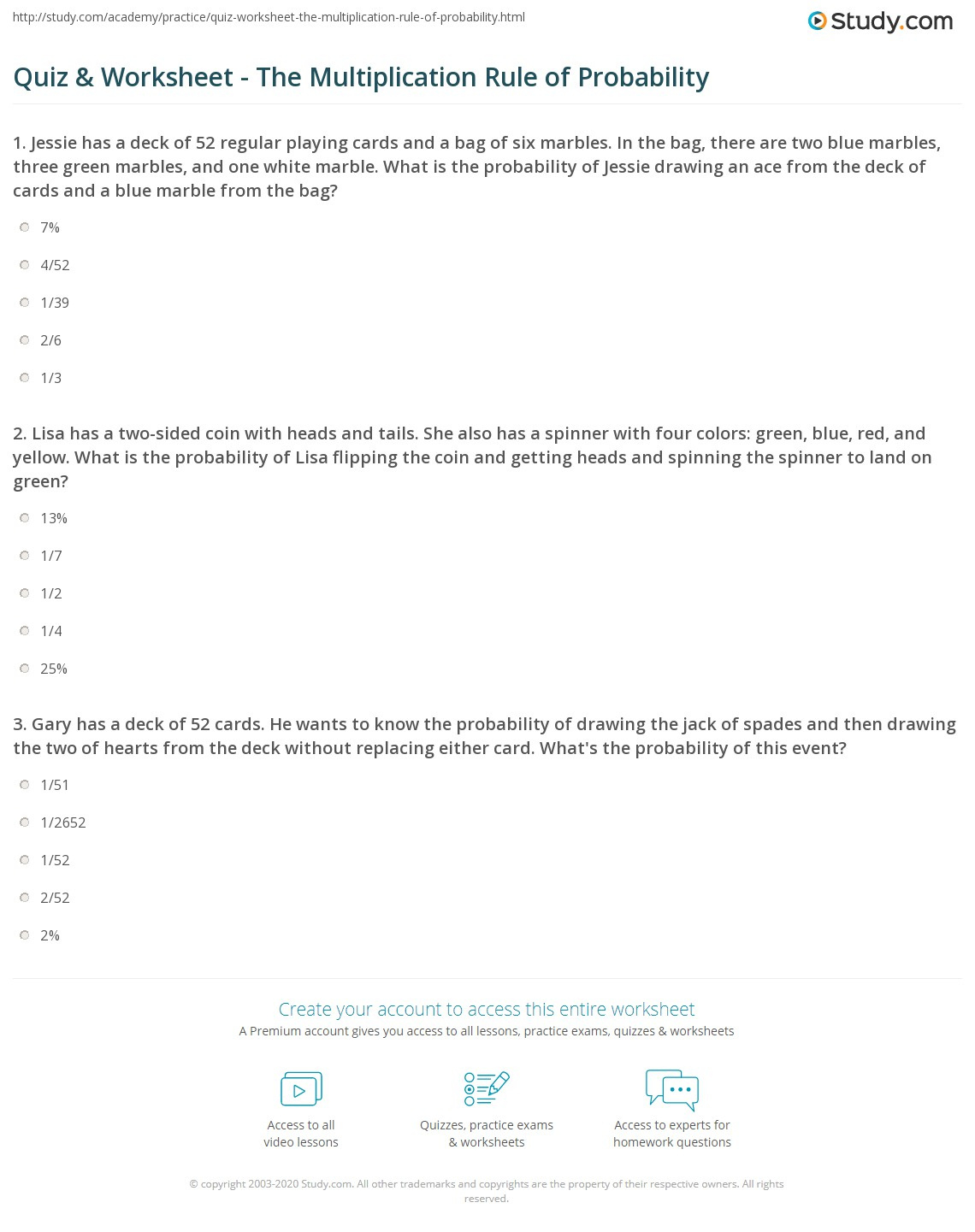 Quiz &amp;amp; Worksheet - The Multiplication Rule Of Probability | Study regarding Probability Addition And Multiplication Rule Worksheet