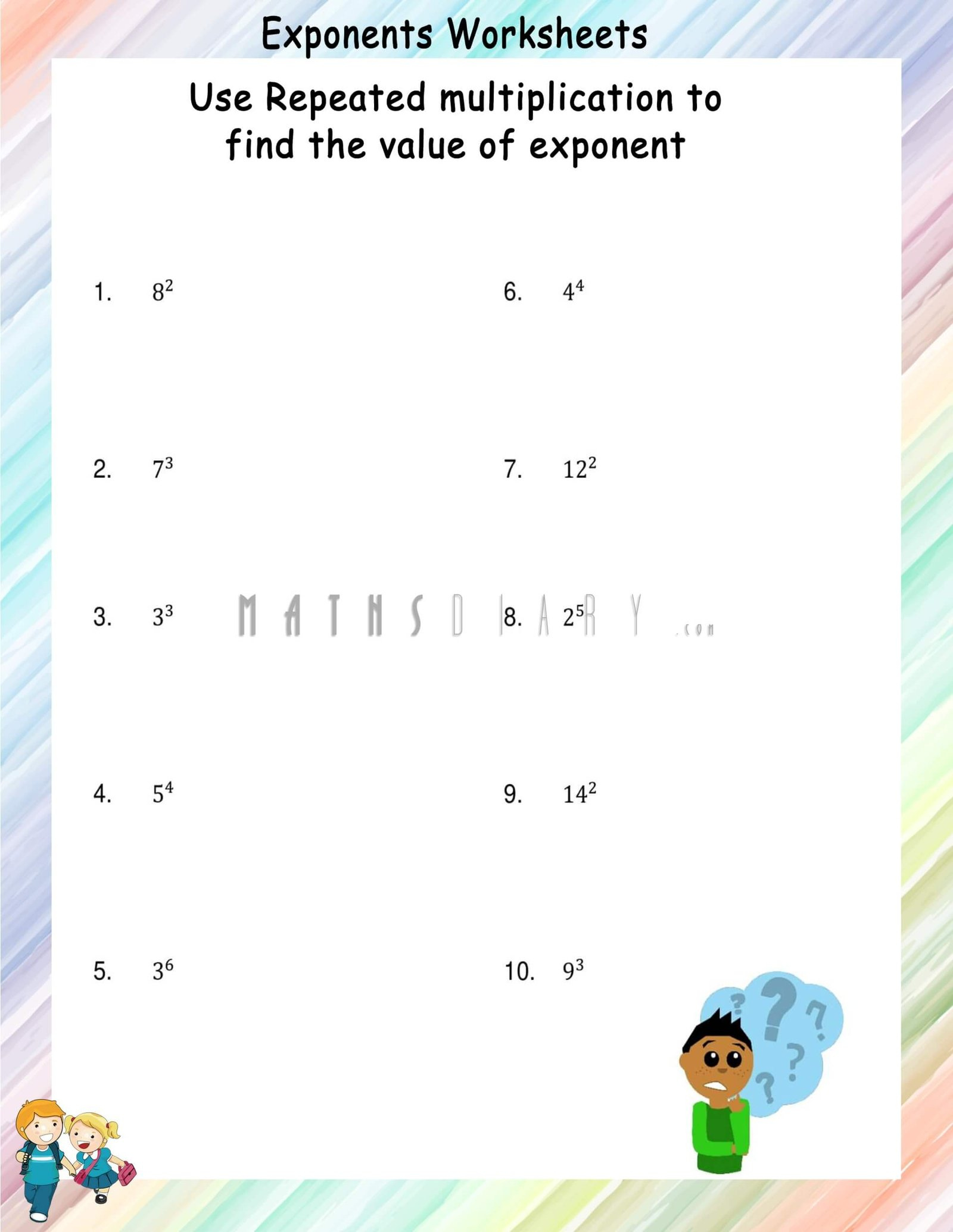 Repeated Multiplication To Find The Value Of The Exponent throughout Multiplication Of Exponents Worksheet