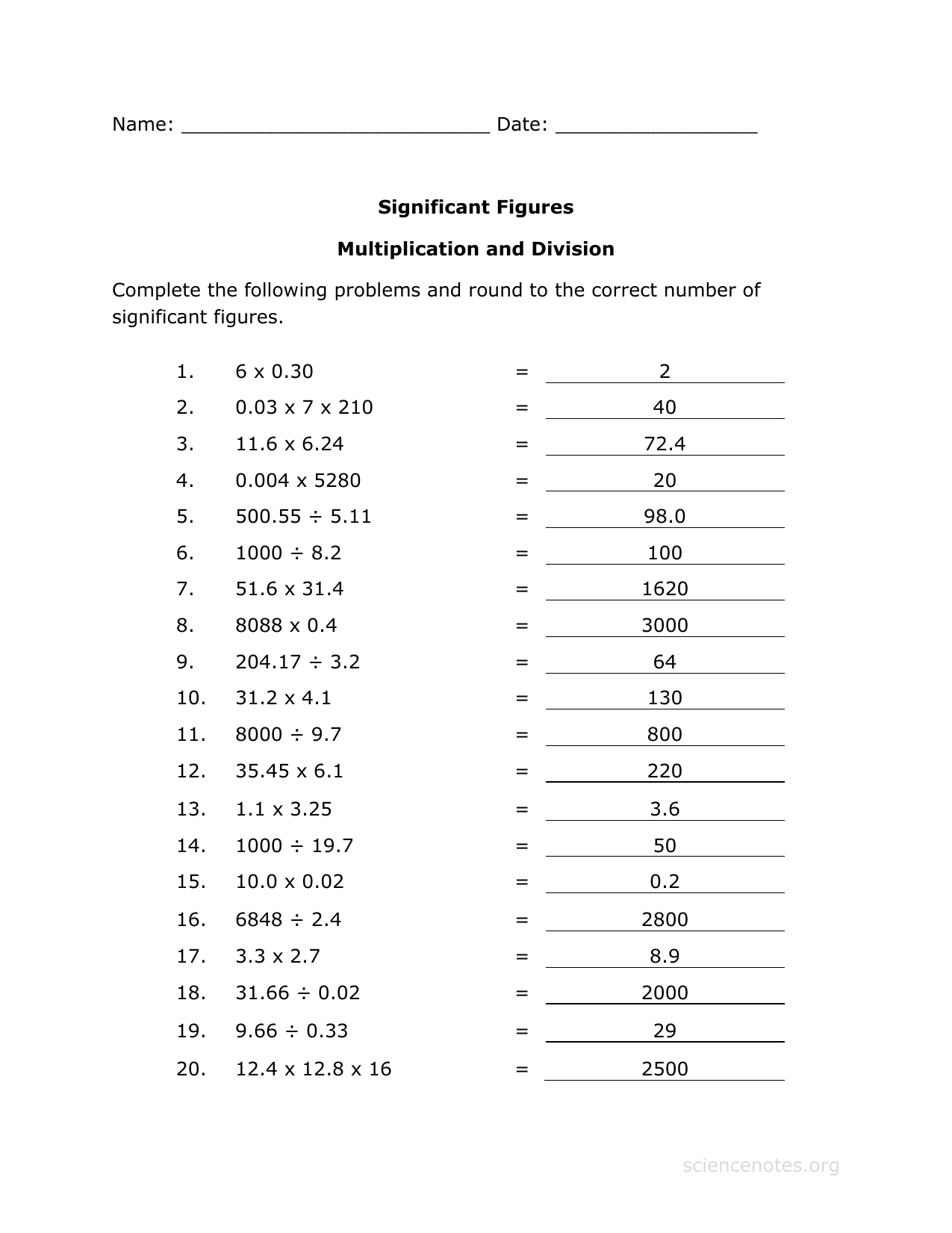 Significant Figures Worksheet: Multiplication &amp;amp; Division intended for Significant Figures Multiplication and Division Worksheet