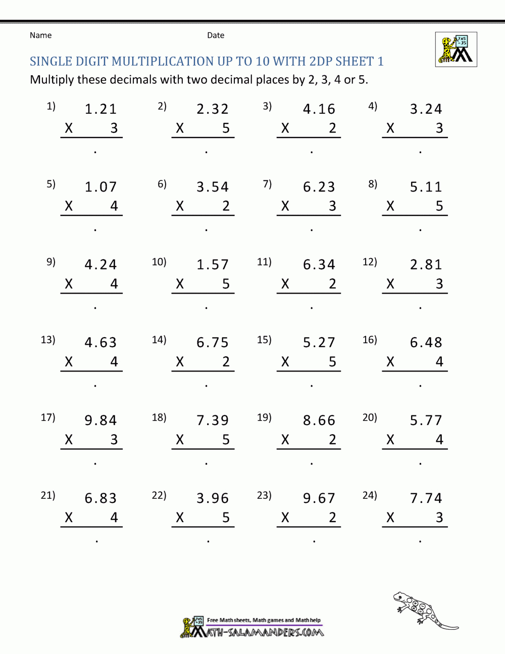 Single Digit Multiplication Up To 10 With 2Dp Sheet 1 intended for Multiplication 1 Digit Worksheets