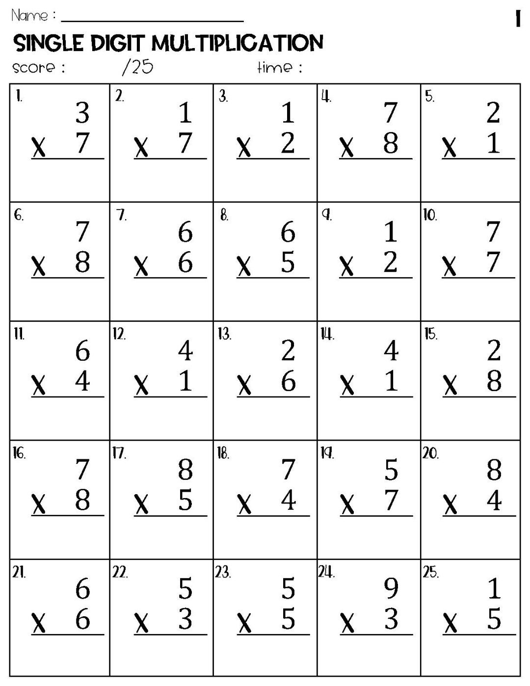 Single Digit Multiplication Worksheets - Etsy inside One Digit By One Digit Multiplication Worksheets