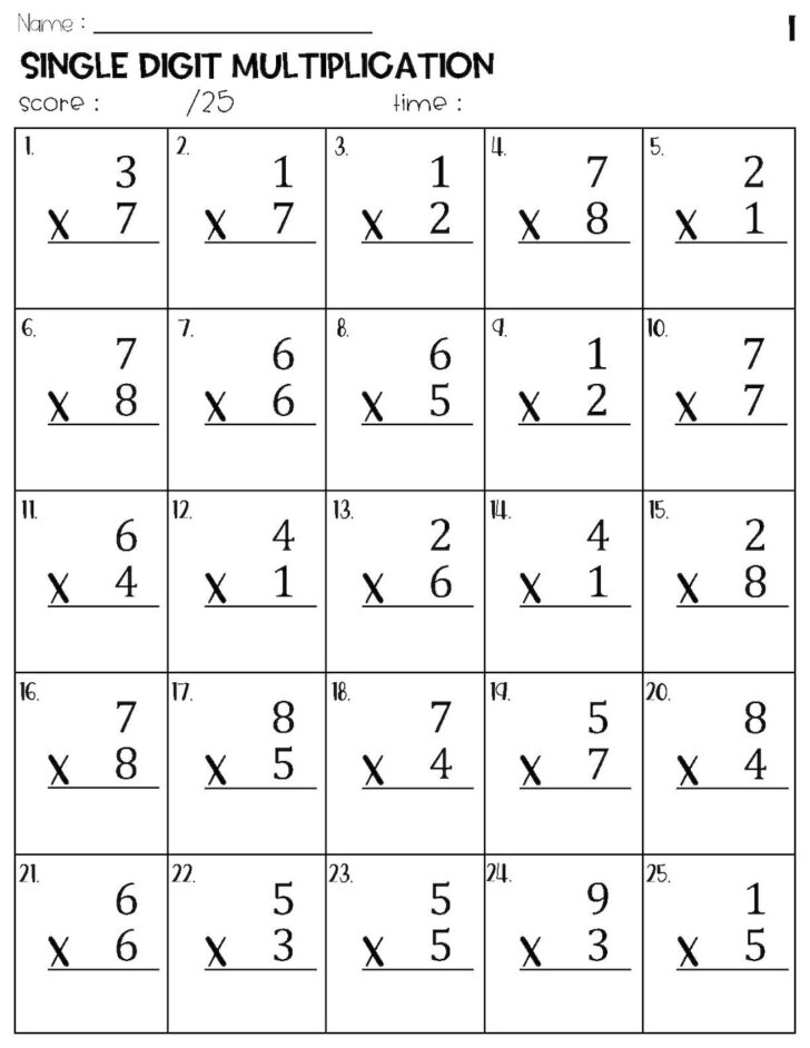 1 Digit by 1 Digit Multiplication Worksheets