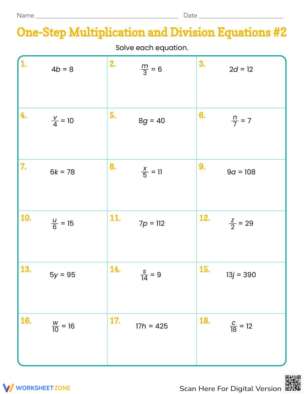 Solve One-Step Multiplication &amp;amp; Division Equations Worksheet with Multiplication And Division One Step Equations Worksheet