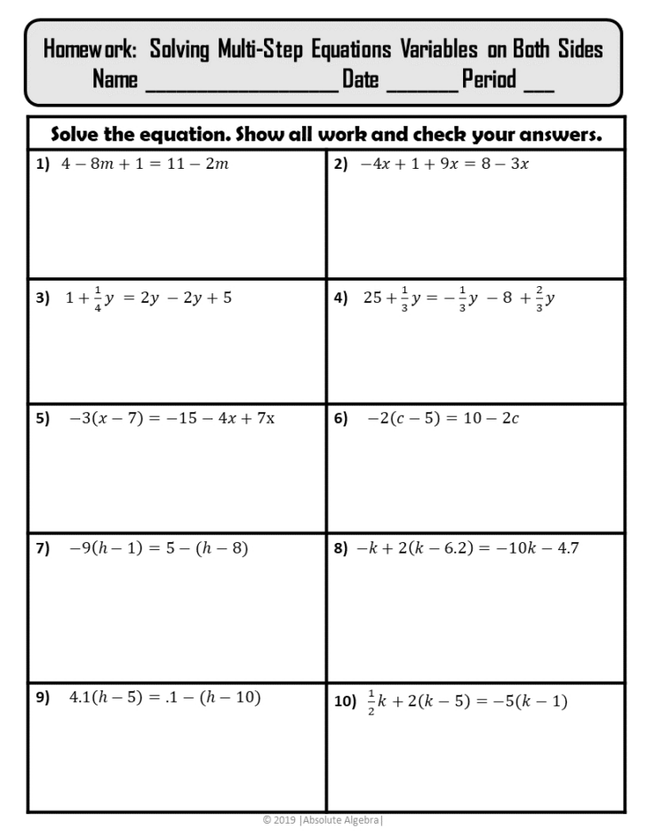 Multiple Step Equations Worksheet