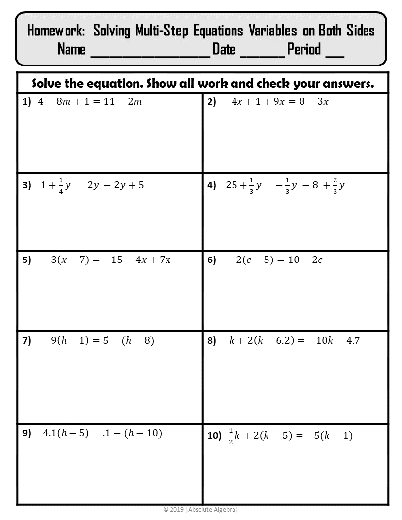 Solving Multi-Step Equations Variables On Both Sides Notes intended for Multiple Step Equations Worksheet