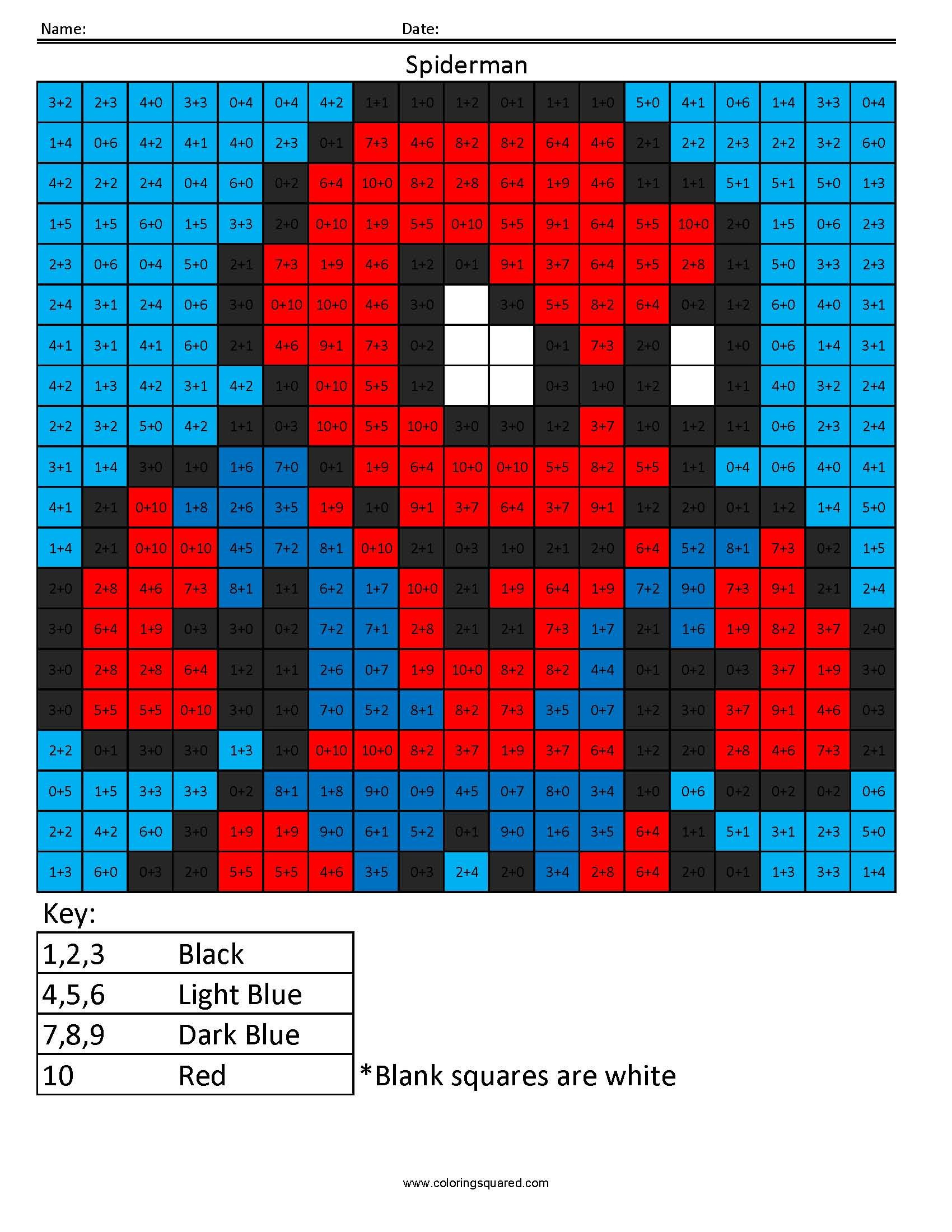 Spiderman- Addition - Coloring Squared in Multiplication Spiderman Color Sheets