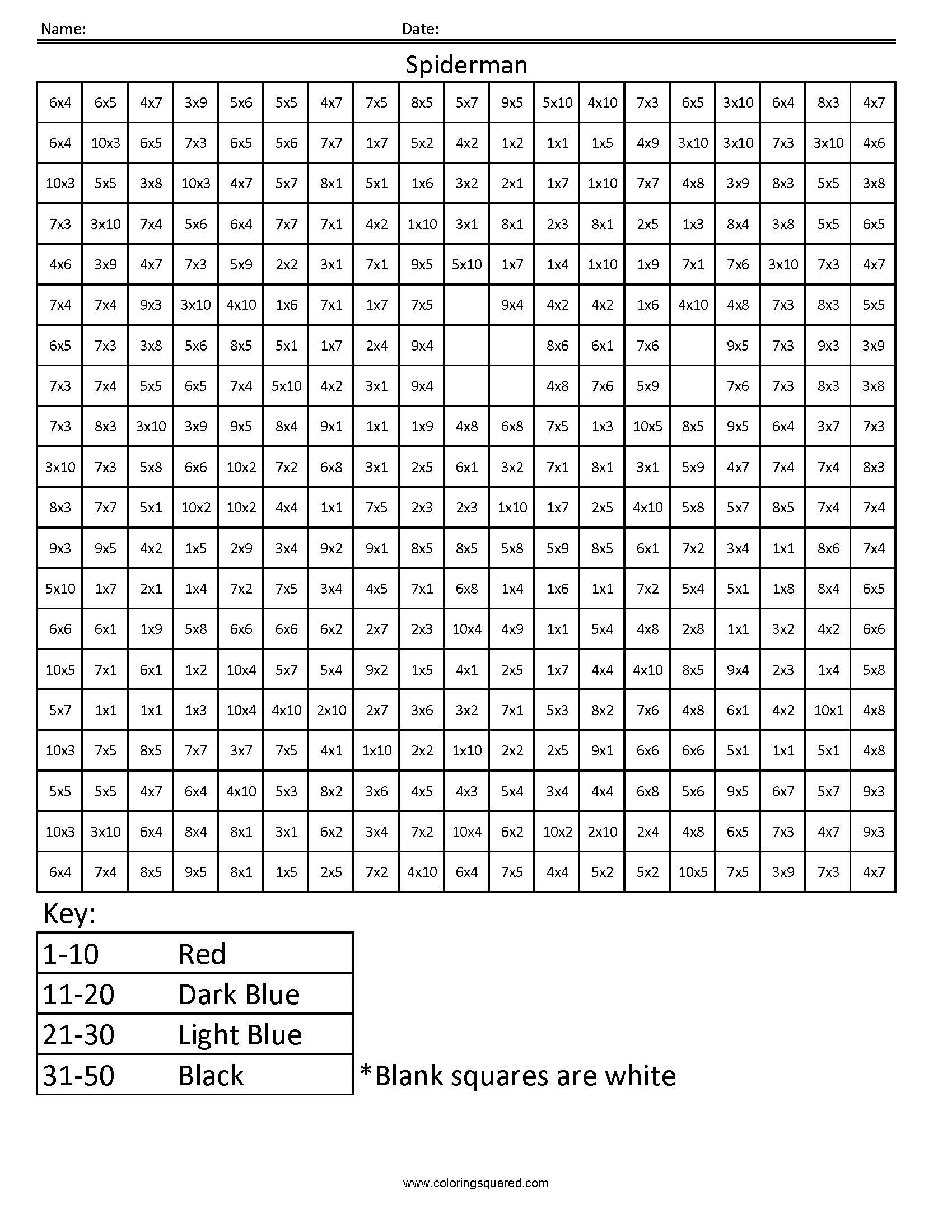 Spiderman- Basic Multiplication - Coloring Squared for Multiplication Spiderman Color Sheets