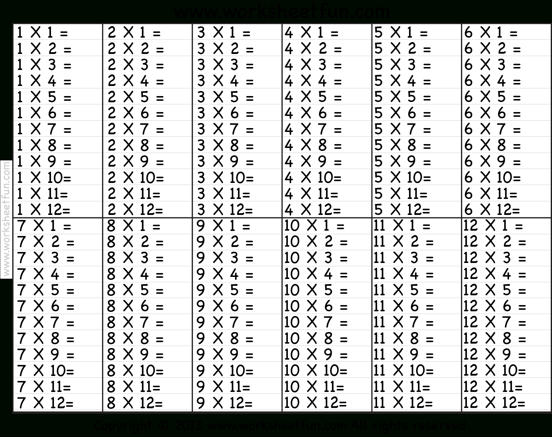 Times Table – 2-12 Worksheets – 1, 2, 3, 4, 5, 6, 7, 8, 9, 10, 11 for Free Multiplication Times Table Worksheets