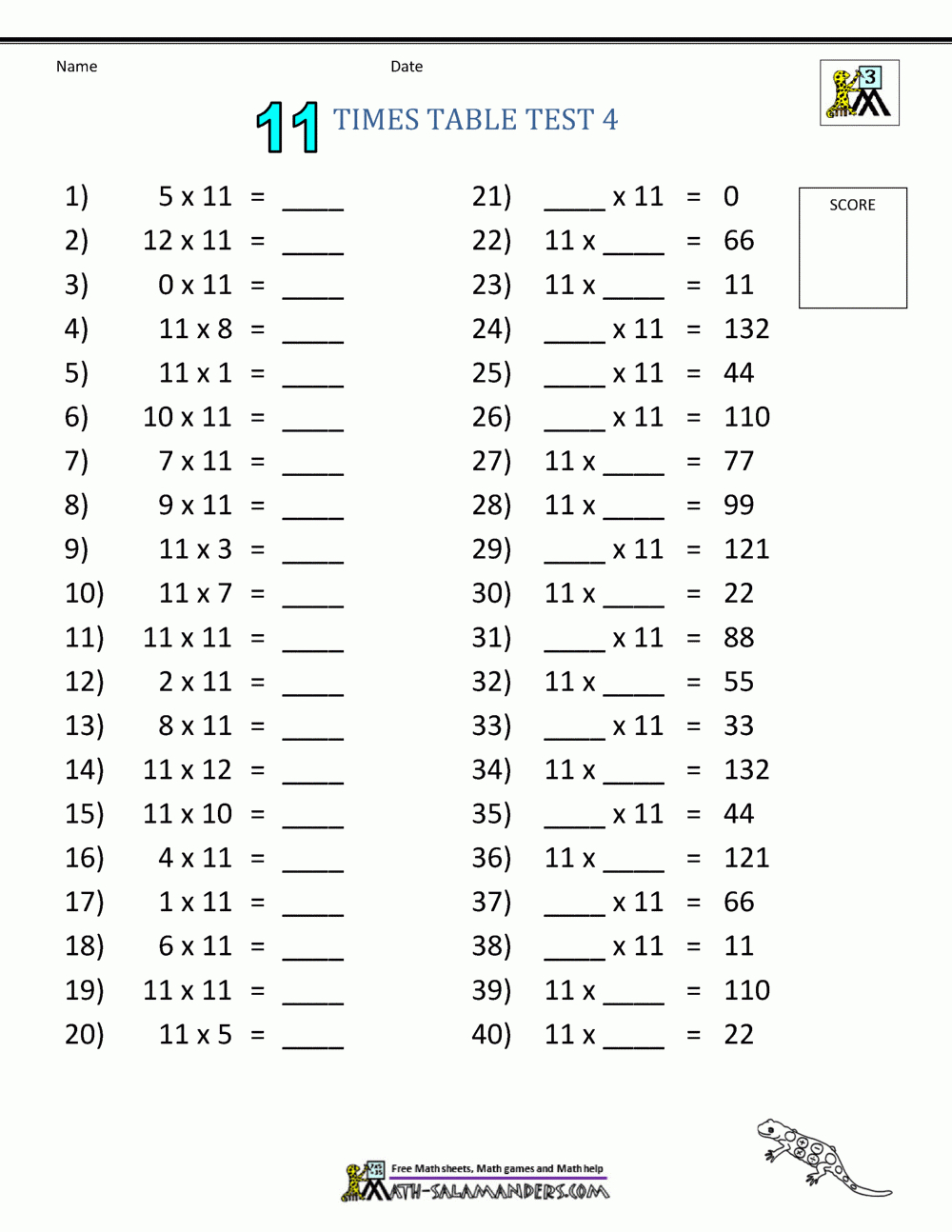 Times Tables Tests - 6 7 8 9 11 12 Times Tables for 11&amp;amp;#039;s Multiplication Worksheet