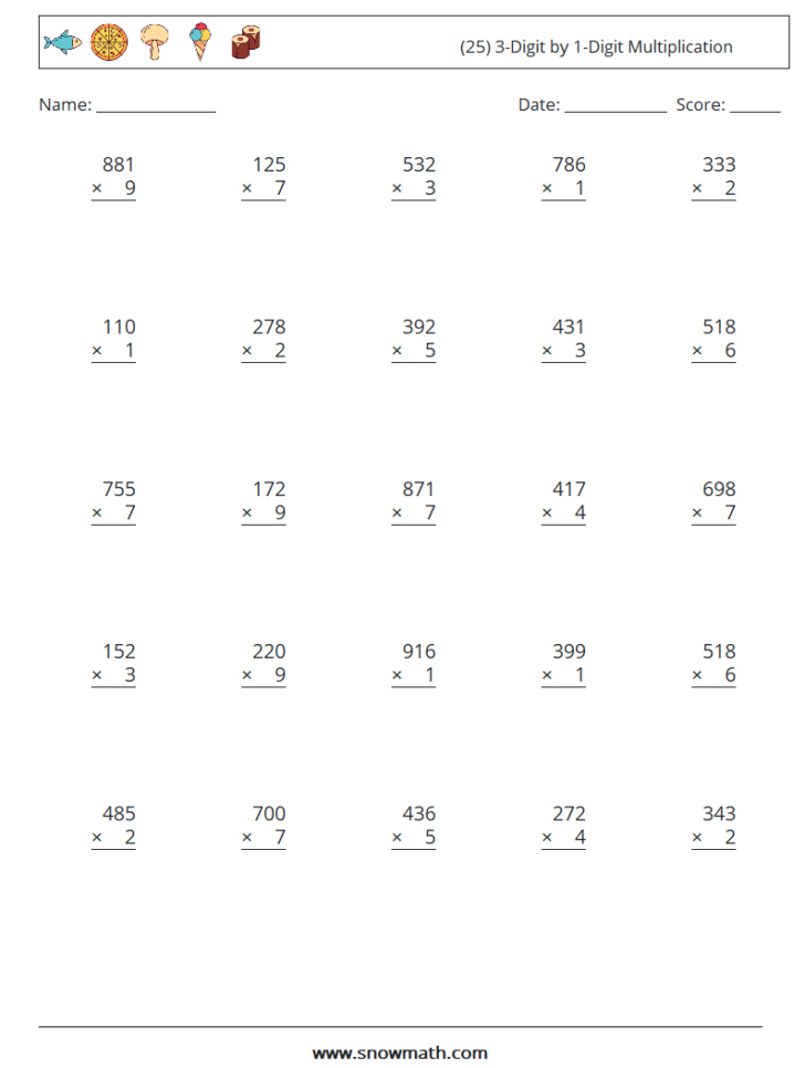 Three Digit by 1 Digit Multiplication Worksheets