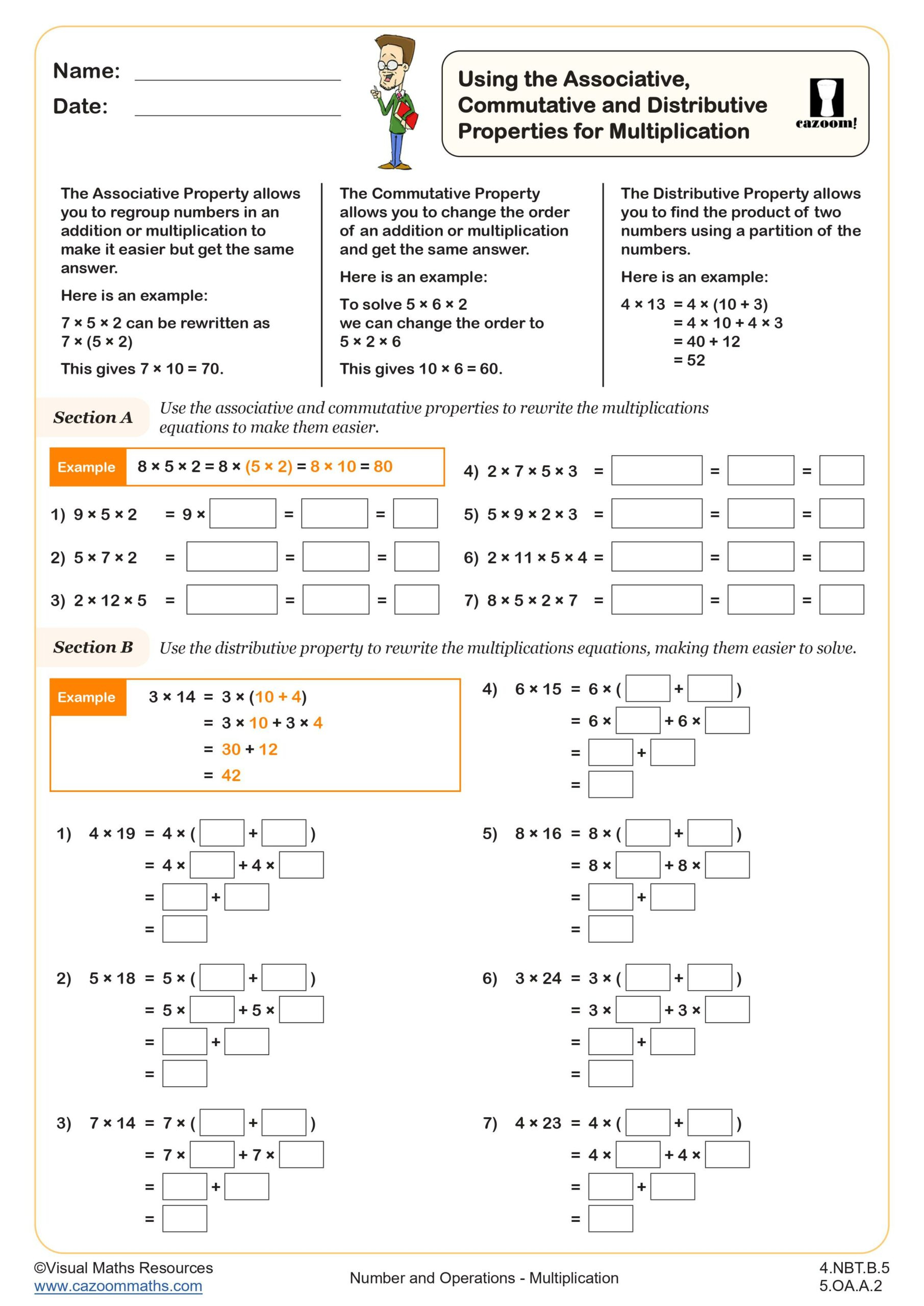 Using The Associative, Commutative And Distributive Properties For regarding Multiplication Distributive Property Worksheet