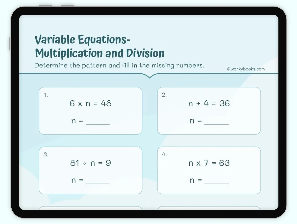 Variable Equations— Multiplication And Division Worksheet | 3.Oa.a within Finding The Unknown In Multiplication and Division Worksheet