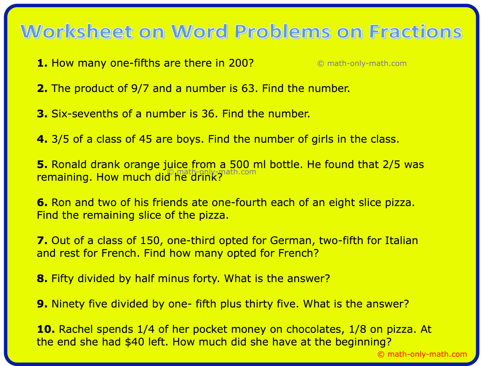 Worksheet On Word Problems On Fractions | Fraction Word Problems | Ans pertaining to Multiplication Fraction Word Problems Worksheet
