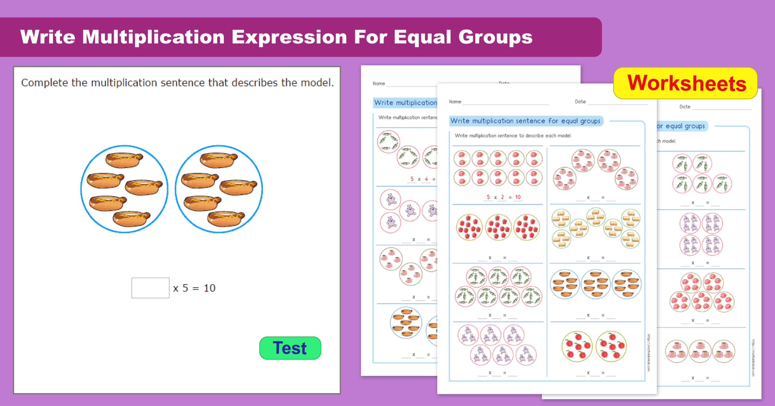 Write Multiplication Expression For Equal Groups | Understand for Multiplication With Equal Groups Worksheets